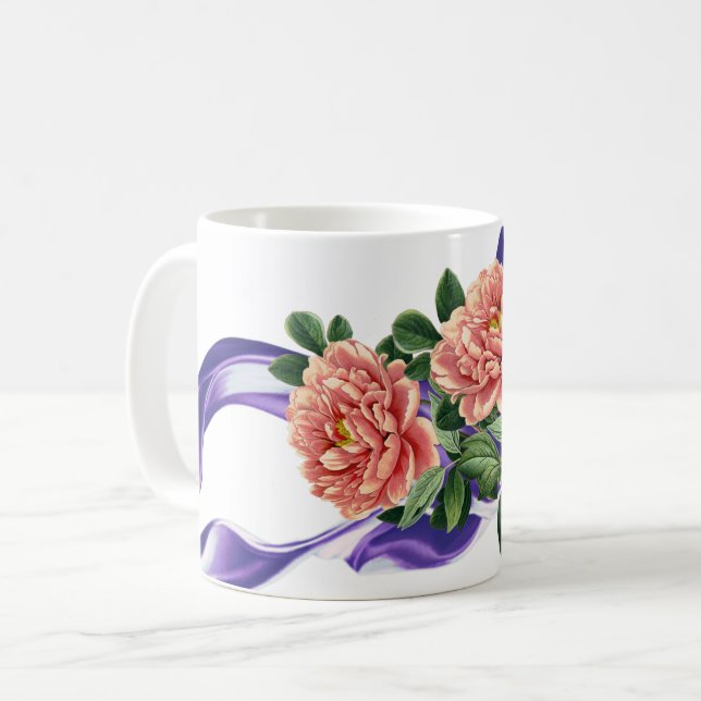 Royalets Lila Ribbon & Blommigt Wedor Favor Mugg (Framsida vänster)