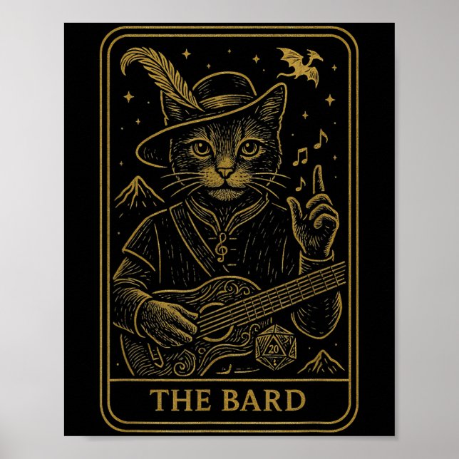 RPG Gamer Bard D20 Dice Nerdy Geek Cat Manar Wom Poster (Framsidan)