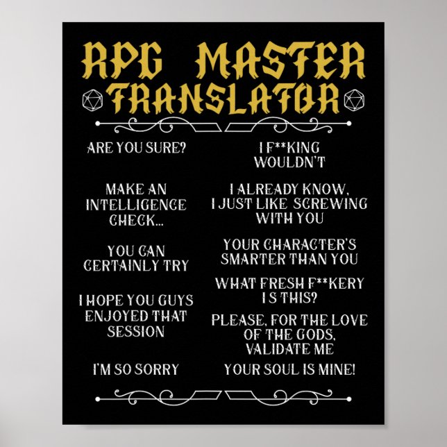Rpg Masteröversättare D20 Brädspel Roligt Rpg Poster (Framsidan)