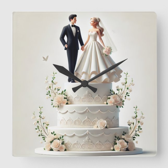 Rromantic bröllop tårta Wall Clock Fyrkantig Klocka (Framsida)