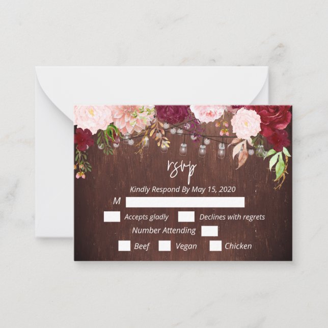 RSSVP Burgunder Blomma Trä Murar Glas Ljus Postca Anteckningskort (Framsida)