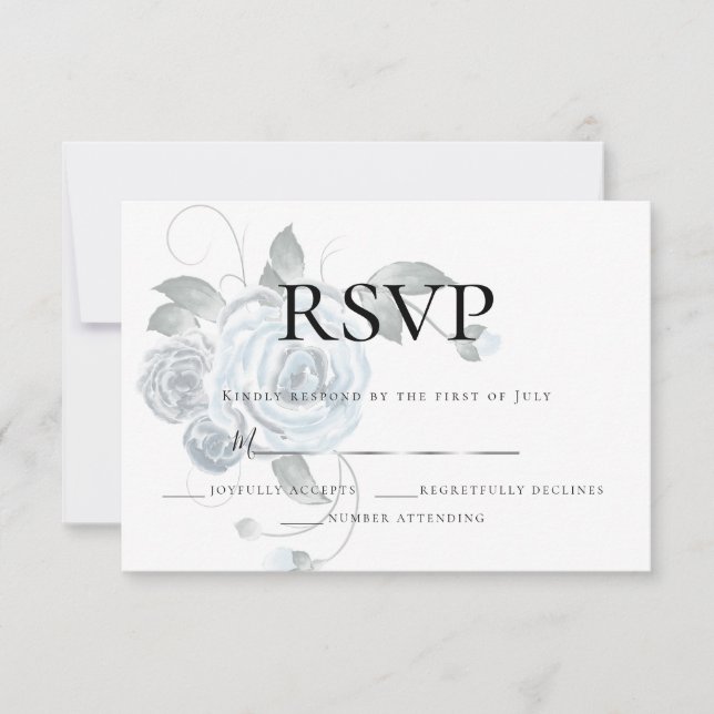 RSVP | Akvarell dammig blå blomsterbröllop silver OSA Kort (Framsida)