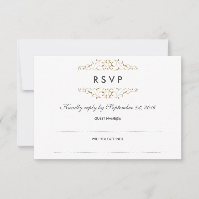 RSVP Antik Guld Flourish Bröllop OSA Kort (Framsida)