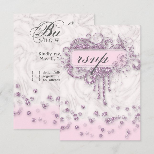 RSVP Baby Shower Flicka Marmorerad Rosa Glitter Ko Inbjudningar (Fram/baksida)
