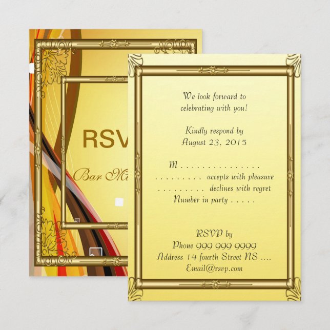RSVP Bar Mitzvah-inbjudan Guld 2 Inbjudningar (Fram/baksida)