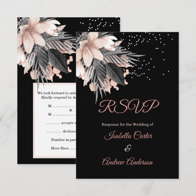 RSVP Bröllop Blush Peach Rosa Kol Grön Floral Inbjudningar (Fram/baksida)