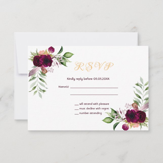 RSVP bröllop bohemisk boho blommor vinröd vit OSA Kort (Framsida)