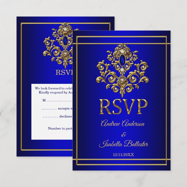 RSVP Bröllop Elegant Royalblå Guld Juvel 2 Inbjudningar (Fram/baksida)