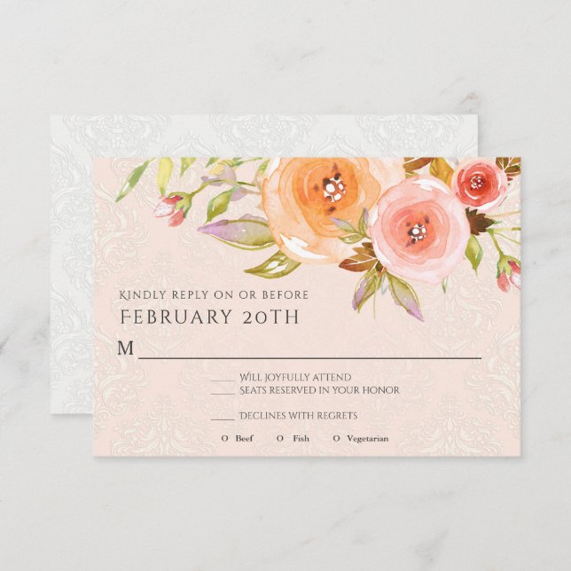 RSVP Bröllop Floral Blush Ros Vattenfärg Bladverk Inbjudningar (Fram/baksida)
