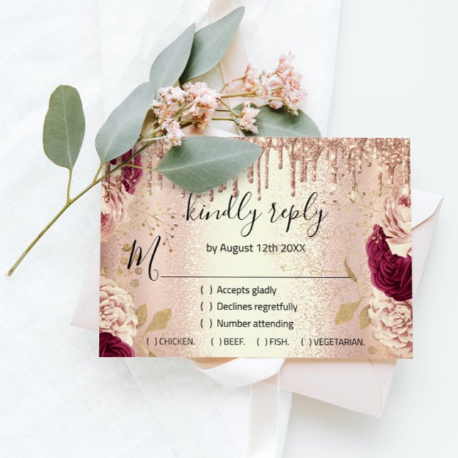 RSVP Bröllop Glitter Brud Roséguld Dropp Burgun OSA Kort (Skapare uppladdad)