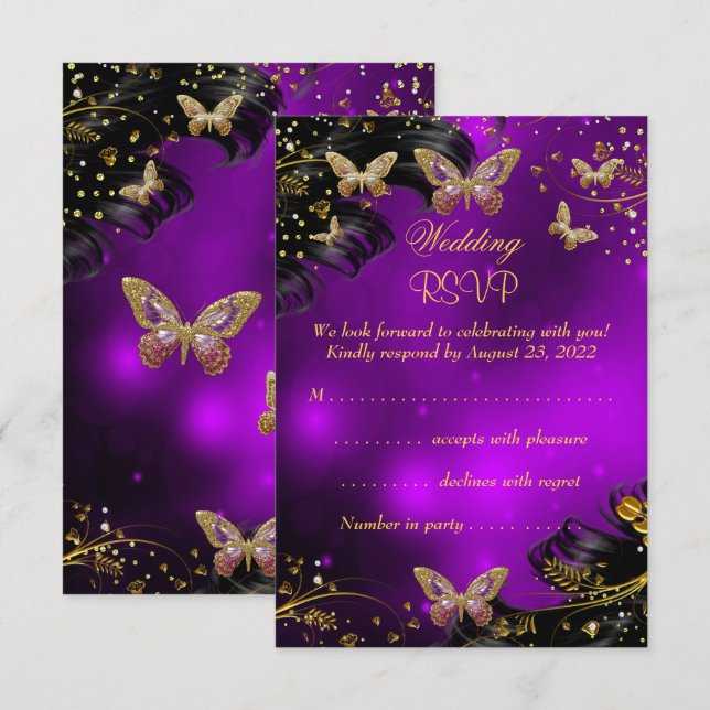 RSVP Bröllop Glitter lila Guld Svart Fjäril OSA Kort (Fram/baksida)