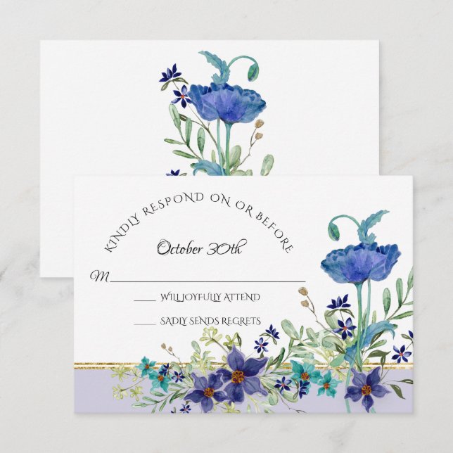 RSVP Bröllop Lavendel Blå Vallmo Vattenfärg Blommi Inbjudningar (Fram/baksida)
