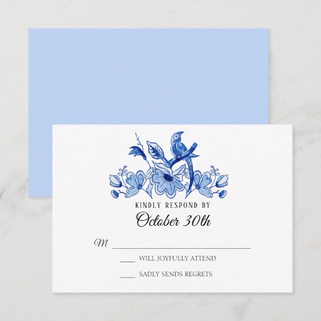 RSVP Bröllop Ljusblå Chinoiserie Blommig Akvarell Inbjudningar (Fram/baksida)