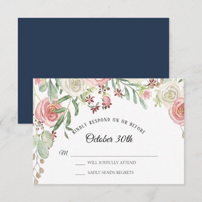 RSVP Bröllop Marin Blekt Rosa Elfenbensfärgade Ros Inbjudningar (Fram/baksida)