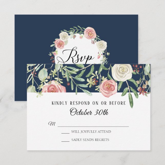 RSVP Bröllop Marinblå Rosenskimmer Blad Inbjudningar (Fram/baksida)