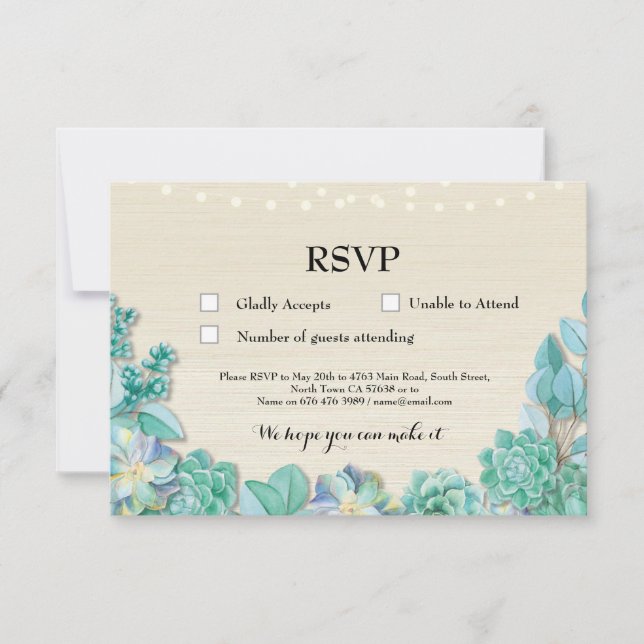 RSVP Bröllop Rustik Mint Sukkulenter Kort Inbjudni (Framsida)