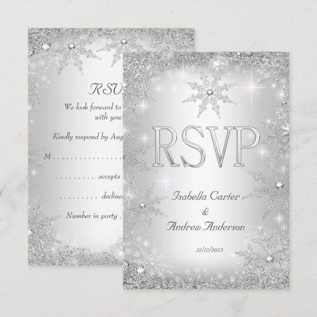 RSVP Bröllop Silver Vinter Världens Under Snöfling OSA Kort (Fram/baksida)