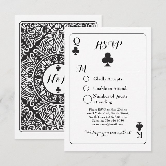 RSVP Bröllop Spelkort Svar Kortsvar K Q Ess Klöver Inbjudningar (Fram/baksida)