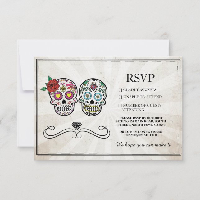 RSVP Bröllop Sugar Skulls Diamant Rustika Kort (Framsida)