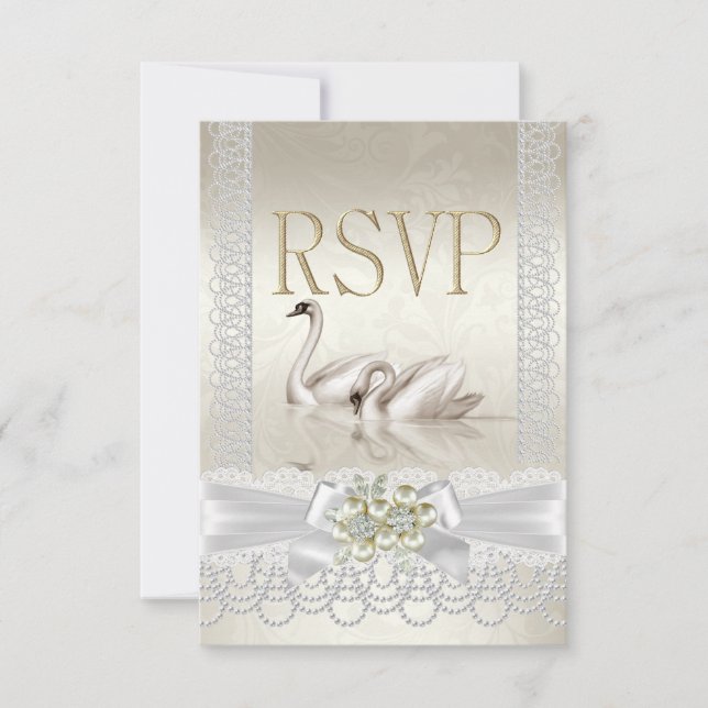 RSVP Bröllop Svanar Vit Pärl Spets Damast OSA Kort (Framsida)