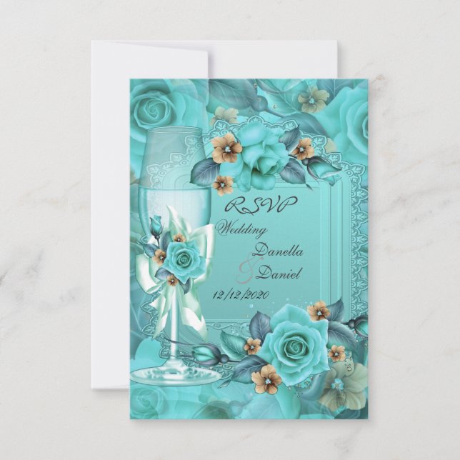 RSVP Bröllop Teal Blå Beige Rosor Blommor 3 OSA Kort (Framsida)