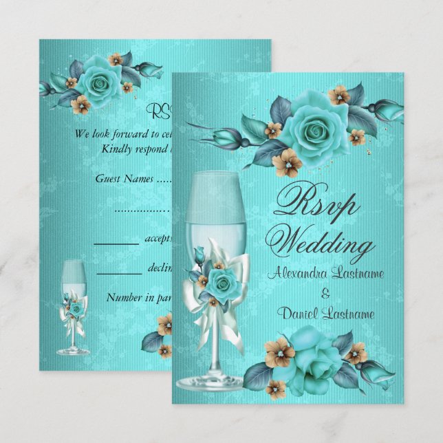 RSVP Bröllop Teal Blå Champagne Rosor Blommor  Inbjudningar (Fram/baksida)