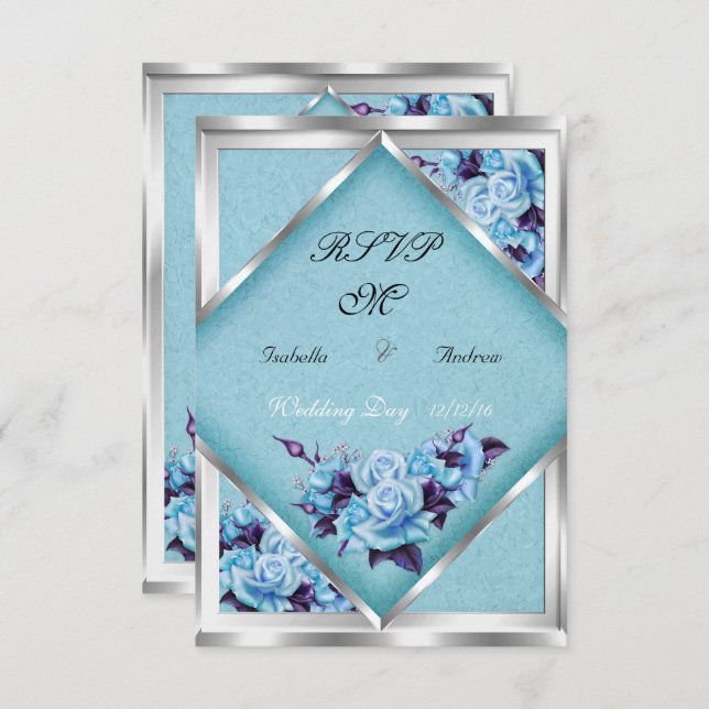 RSVP Bröllop Teal Lila Rosor Silver Bouquet Inbjudningar (Fram/baksida)