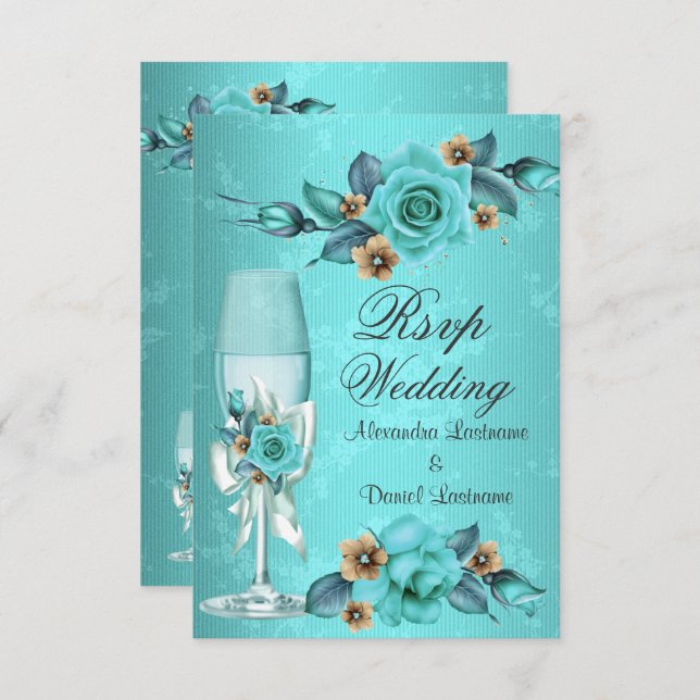RSVP Bröllop Tealblå Champagnrosor Blommor  Inbjudningar (Fram/baksida)