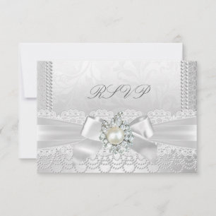 RSVP Bröllop Vit Pärl Spets Damast Diamant OSA Kort