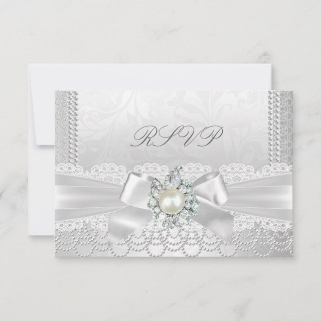 RSVP Bröllop Vit Pärl Spets Damast Diamant OSA Kort (Framsida)