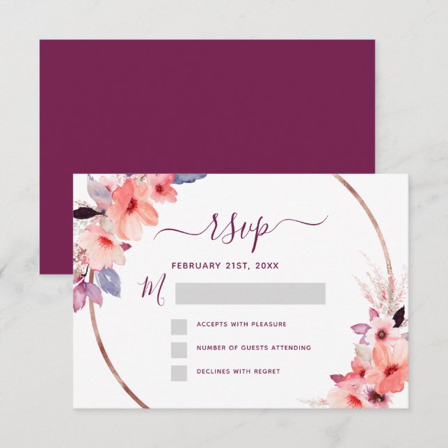 RSVP Burgunder Blommig Roséguld Geometrisk Bröllop Inbjudningar (Fram/baksida)