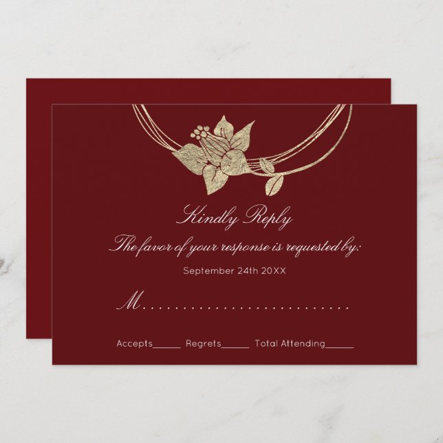 RSVP Burgunder Rödguld Blommig Krans Bröllop Inbjudningar (Fram/baksida)