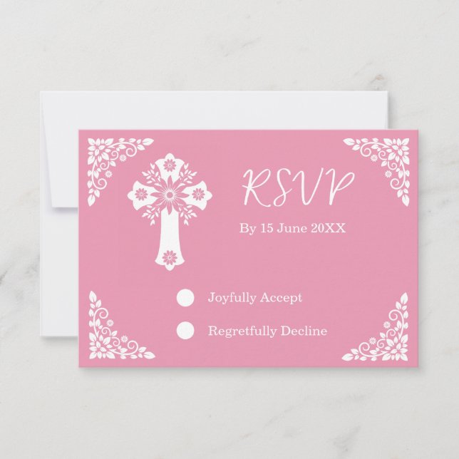 RSVP Card Floral Cross Christening Rose Pink OSA Kort (Framsida)