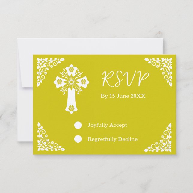 RSVP Card Floral Cross Christening Yellow OSA Kort (Framsida)