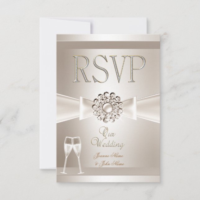 RSVP Elegant Bröllop Damask Cream Vit Champagne OSA Kort (Framsida)