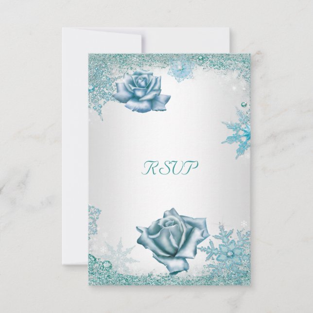 RSVP Elegant Bröllop Glitter Turkos Vit Rosor OSA Kort (Framsida)