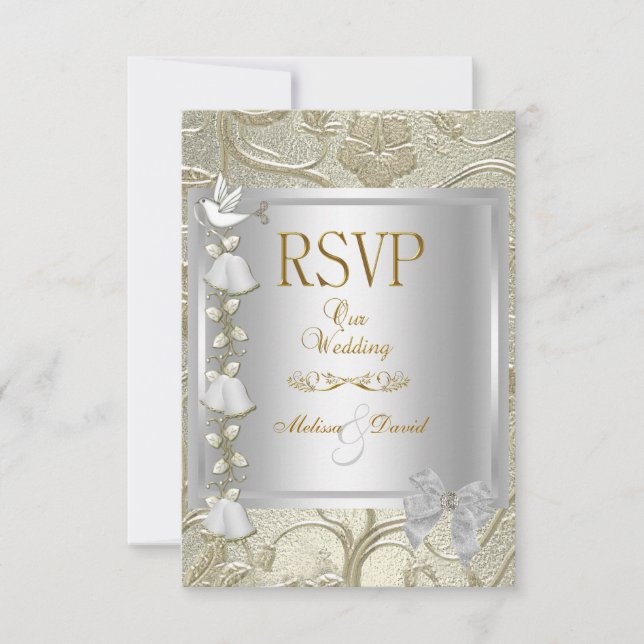 RSVP Elegant Bröllop Guld Silver Vitt Duvor Damask OSA Kort (Framsida)