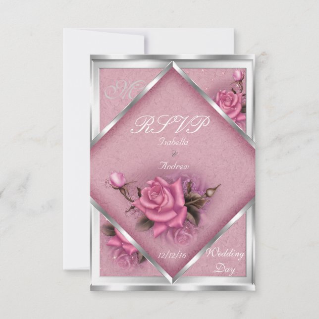 RSVP Elegant Bröllop Rosa Ros Silver Bouquet OSA Kort (Framsida)