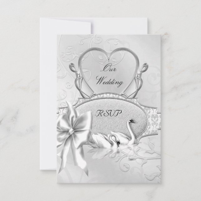 RSVP Elegant Bröllop Silver Vita Svanar Hjärtforma OSA Kort (Framsida)