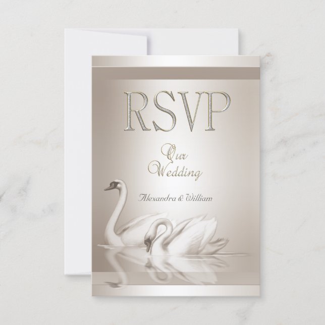 RSVP Elegant Bröllop Svanar Damask Cream Vit OSA Kort (Framsida)