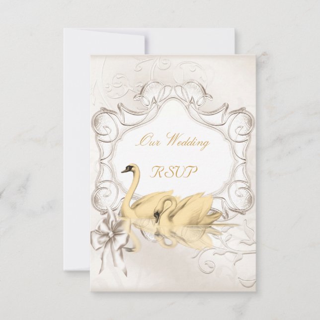 RSVP Elegant Bröllop Vit Guld Krämfärgade Svanar S OSA Kort (Framsida)