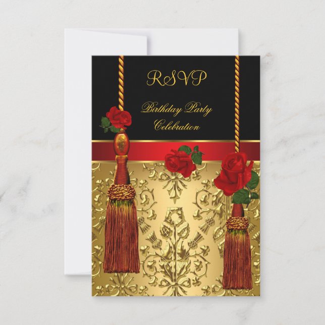 RSVP Elegant Damask Svart Röd Guld Födelsedagsfest Inbjudningar (Framsida)