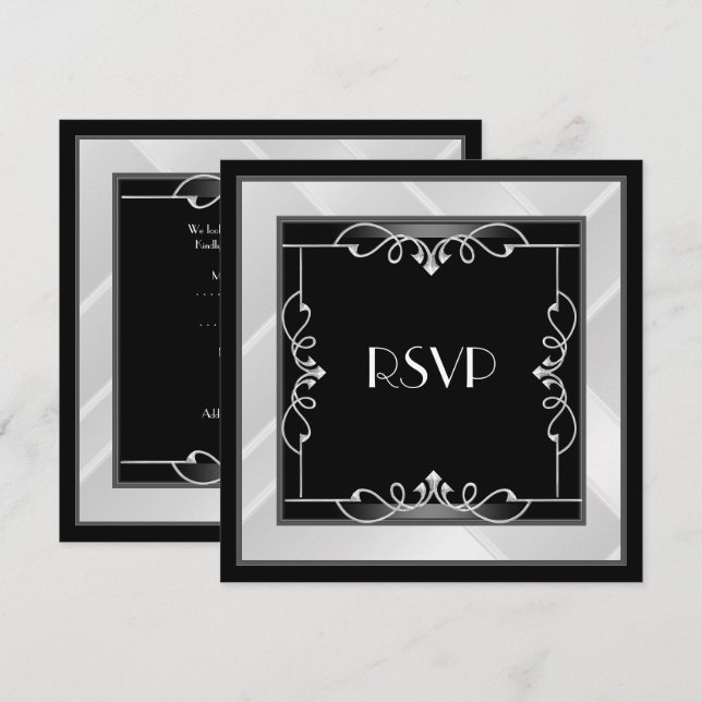 RSVP Elegant Svart Silver Vitt Art Deco Inbjudningar (Fram/baksida)
