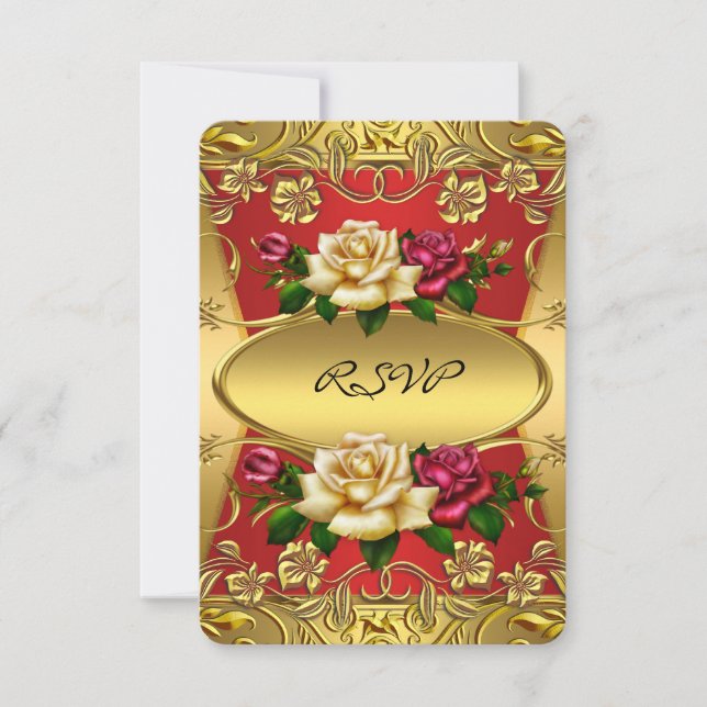 RSVP Elite Röda Krämrosor Ornamenterad Guld Födels Inbjudningar (Framsida)