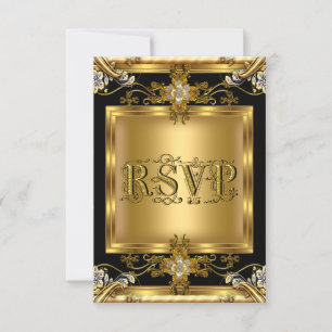 RSVP Engagemang Elegant Guld Blommig Juvel Svart 2 OSA Kort