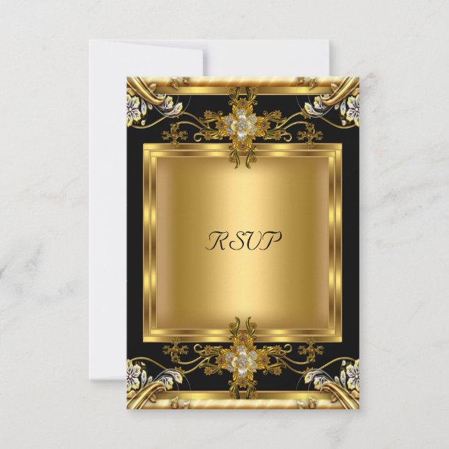 RSVP Engagemang Elegant Guld Blommig Juvel Svart OSA Kort (Framsida)