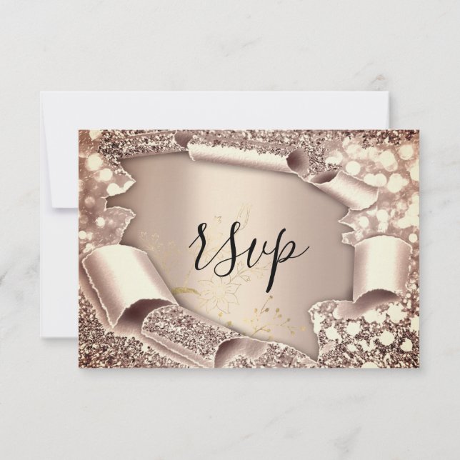 RSVP Glitter Bröllopsdusch Rose Gold Blommig OSA Kort (Baksida)