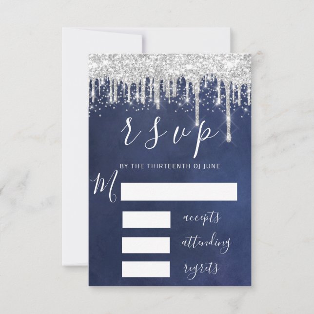 RSVP Grå Silver Dropp Bröllop Navy Glitter  OSA Kort (Framsida)