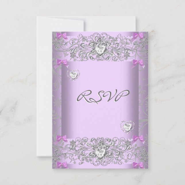 RSVP Lila Damast Bröllop Vita Diamanthjärtan OSA Kort (Framsida)