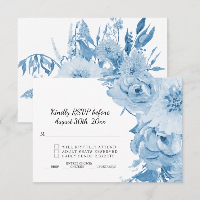 RSVP Ljusblå och vit akvarell blomsterbröllop Inbjudningar (Fram/baksida)